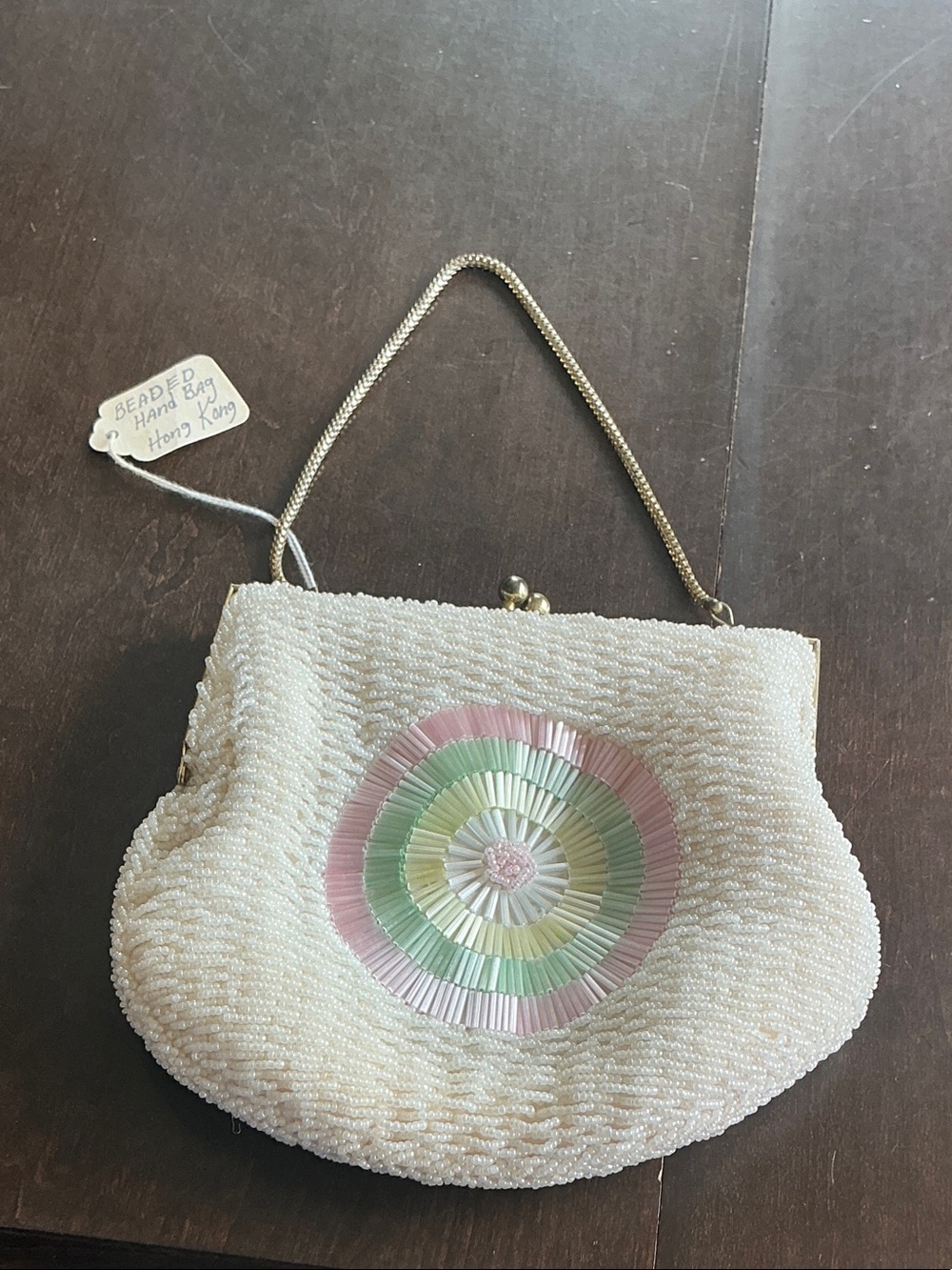 Beaded Cream Pearl Handbag with Pastel Rosette - Hong Kong